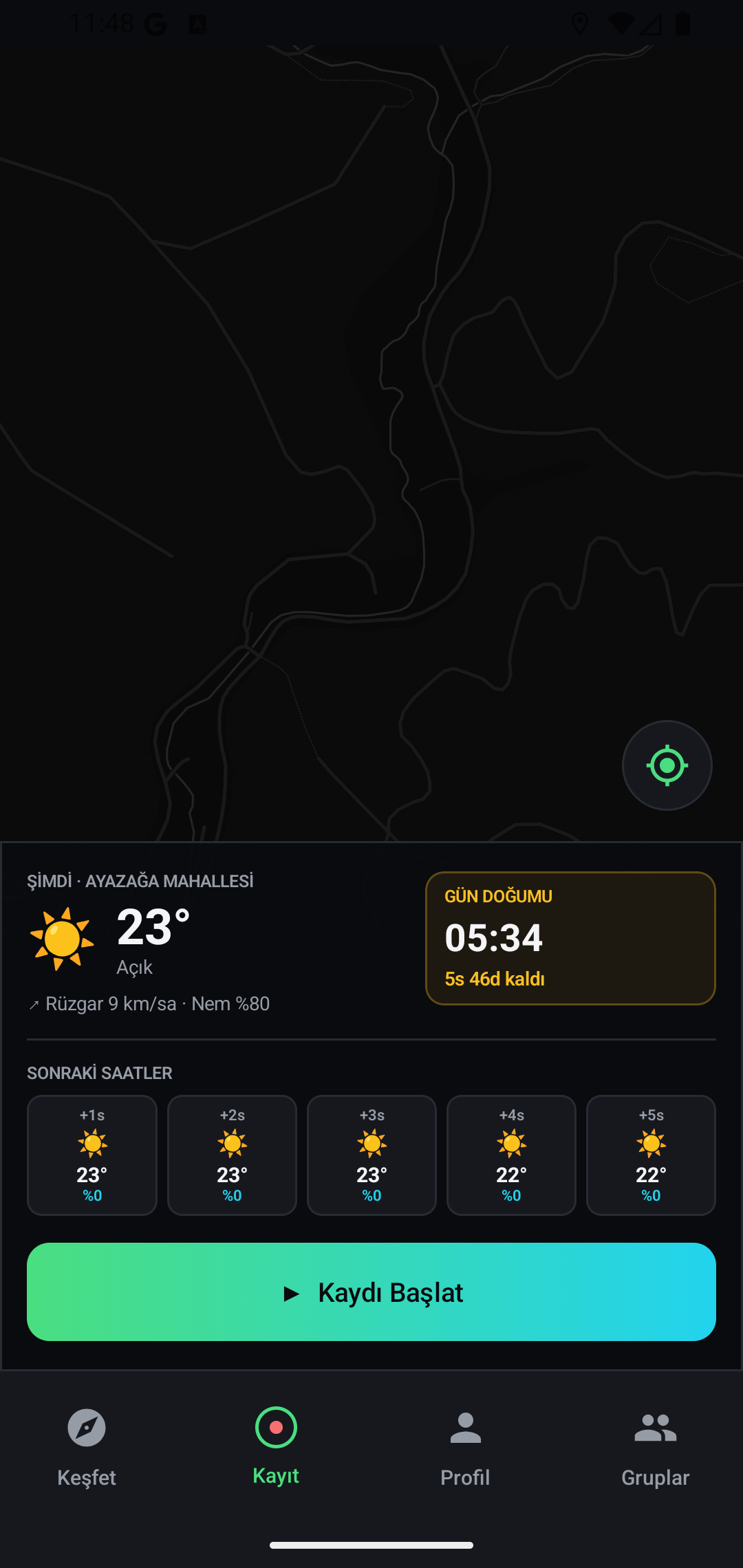 GPS kayıt ekranı: canlı hava durumu 23 derece, rüzgar ve nem, gün doğumu 05:34 geri sayım, Kaydı Başlat