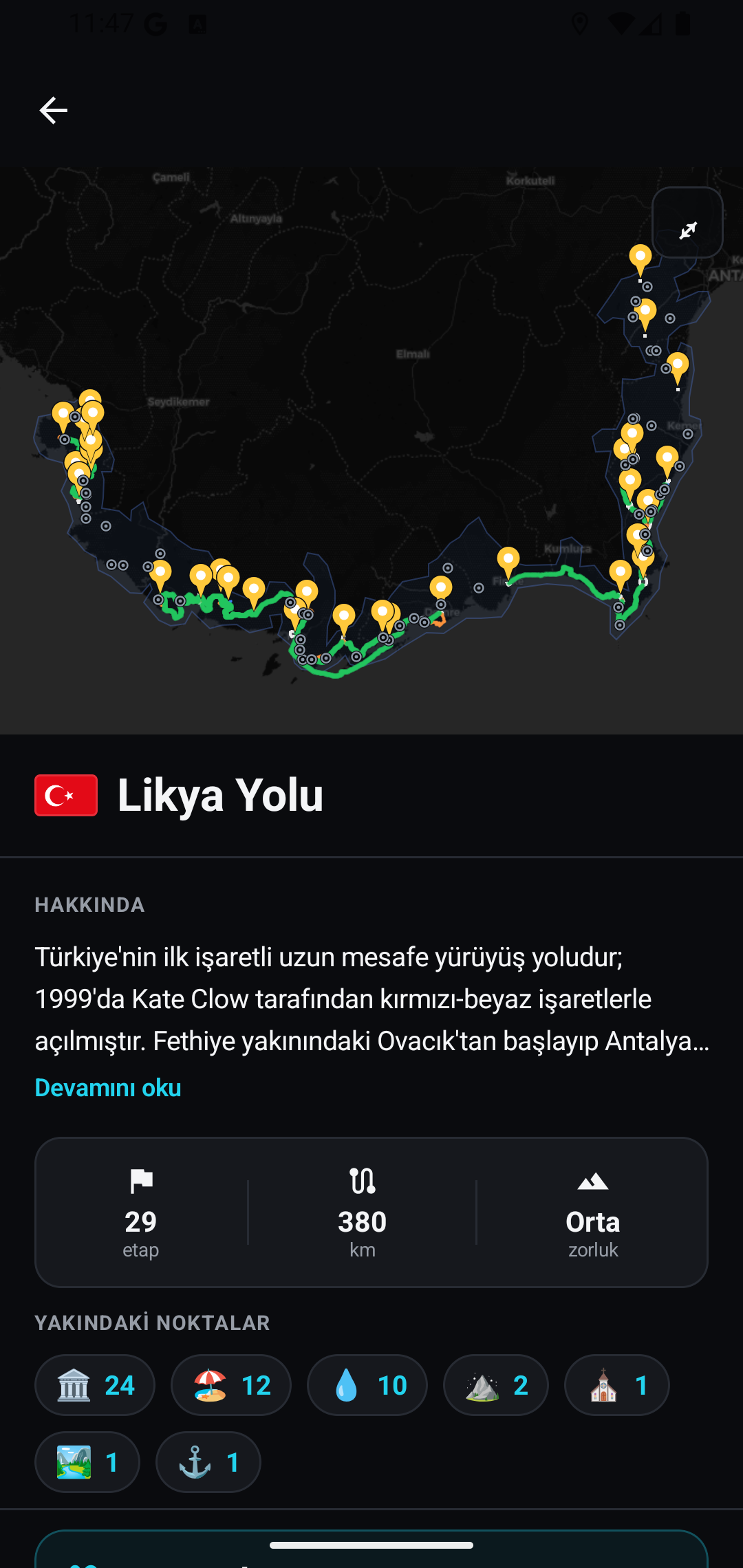 Likya Yolu parkur detayı: harita, yeşil rota çizgisi, sarı durak işaretleri, 29 etap, 380 km, Orta zorluk, yakındaki noktalar