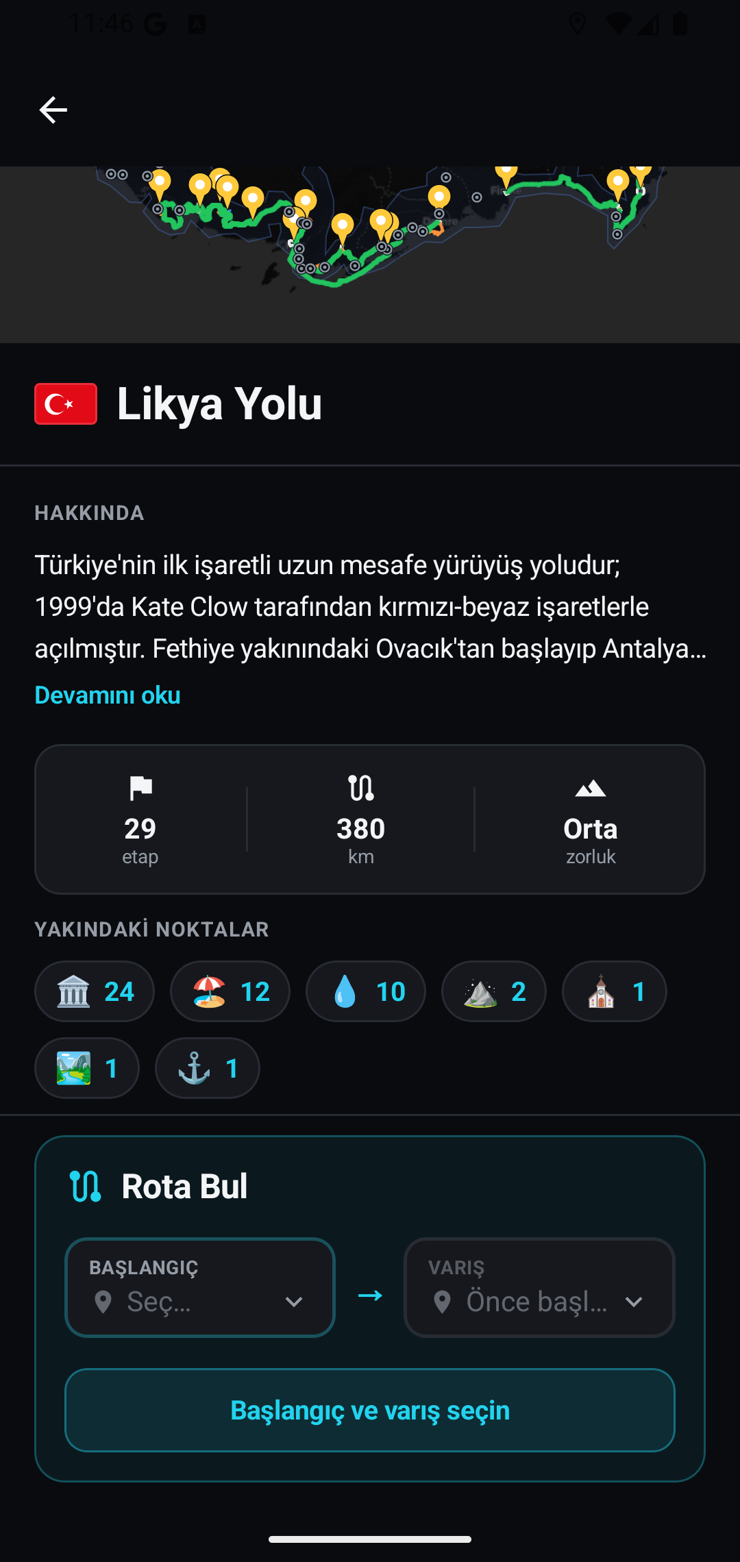 Rota Bul ekranı: başlangıç ve varış noktası seçerek yürüyüş rotası planlama